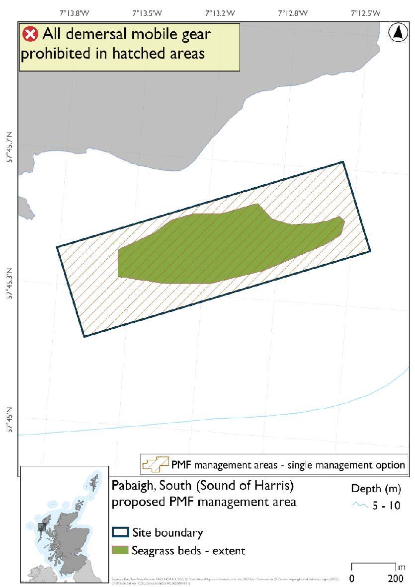 Map shows an area a short way off Traigh an t-Seana-chaisteil on the south coast of Pabaigh for measures. A seagrass bed extends across most of the area.