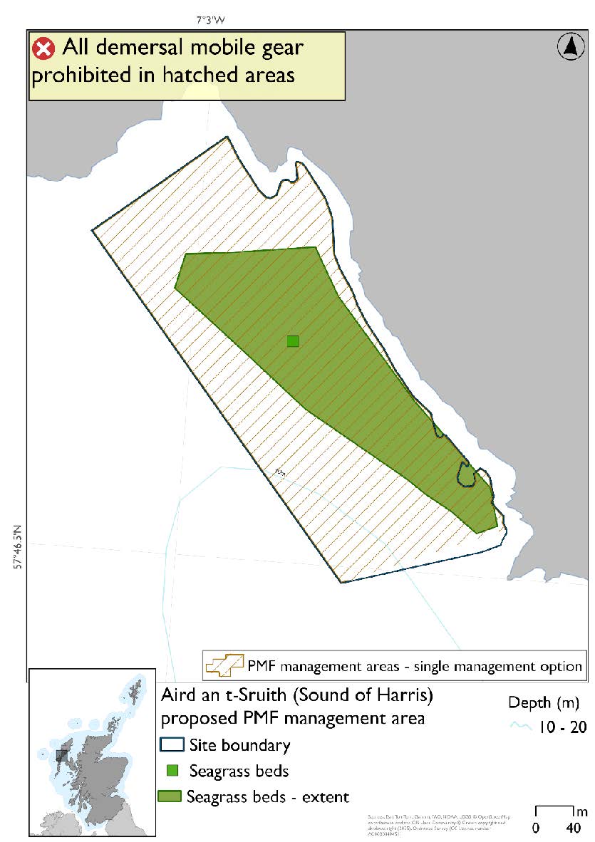 Map shows a small area north of Leverburgh where measures will apply. A seagrass bed is believed to cover the majority of this area, with a confirmed record of this in the centre of the area.
