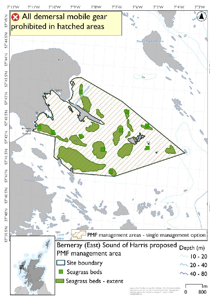 Map shows the area for measures extending southeast from Berneray over the neighbouring skerries and islets. Throughout this area there are numerous seagrass beds, and point records of seagrass, in particular in the centre and south of the area.