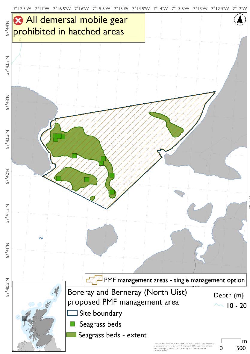 Map shows the area for measures spanning the waters between Boreray and Berneray, stretching towards but not reaching the coast of Lingeigh. Seagrass beds are evident in the west of the area, with two large beds and numerous point records. A smaller bed is evident near the Berneray coast.