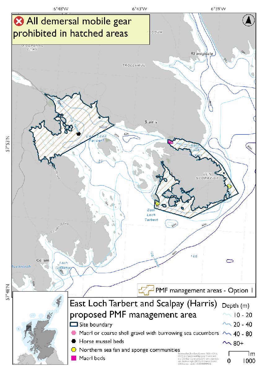 Map shows two distinct areas to be protected: the innermost part of Loch Tarbert, with its outer boundary just before Sgeotasaigh; and the southern, eastern, and northern coastlines of Scalpay. A horse mussel bed is found in the inner portion of Loch Tarbert, a maerl bed near Scalpay bridge, and northern sea fan and sponge communities on the eastern and southern coasts of Scalpay.