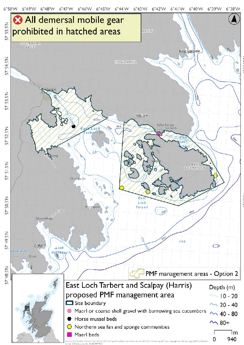 Map shows two distinct areas to be protected: the innermost part of Loch Tarbert, with its outer boundary just before Sgeotasaigh; and the waters surrounding Scalpay. A horse mussel bed is found in the inner portion of Loch Tarbert, a maerl bed near Scalpay bridge, and northern sea fan and sponge communities on the eastern, western, and southern coasts of Scalpay. A horse mussel record is included in this option that is not included in option 1.