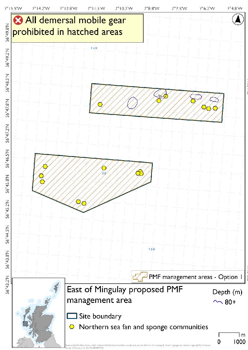 Map shows two distinct areas in the open water some 20 kilometres east of Mingulay, the northern of these contains some pinnacles rising to 80m depth. Throughout both areas there are northern sea fan and sponge community records evident.