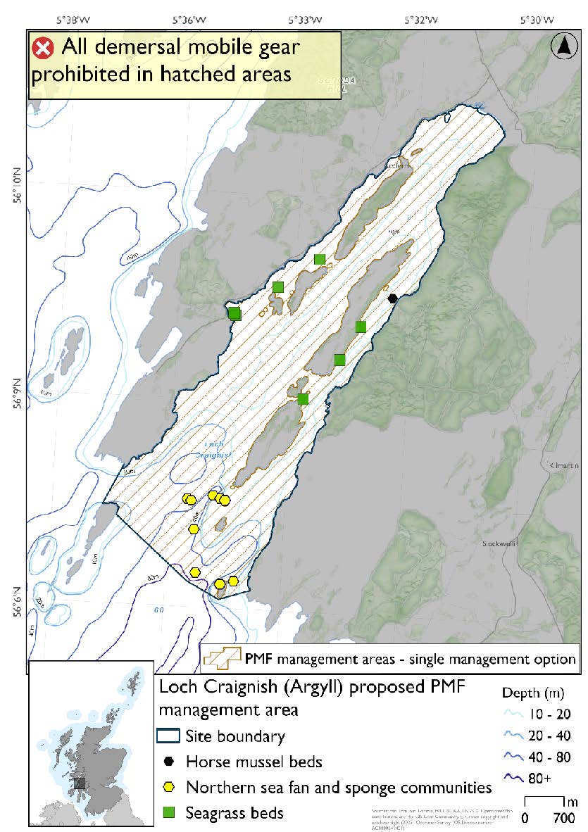 Map showing area to be restricted extending through Loch Craignish out to the outlying islands. Northern sea fan and sponge communities are evident in the outer portions of the area, with seagrass further in, and a horse mussel bed record in the east.