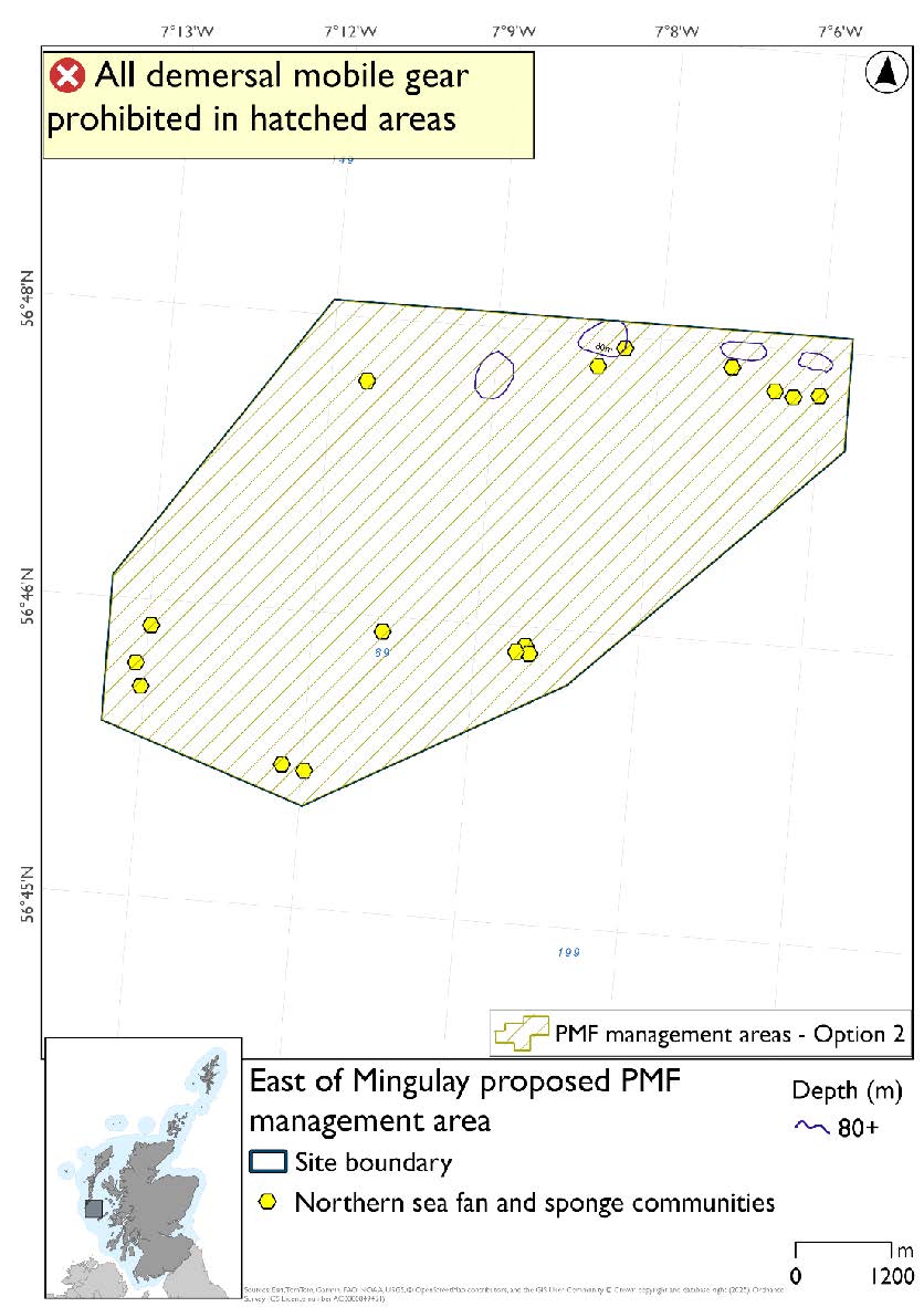 Map a single area in the open water some 20 kilometres east of Mingulay, the northeast part contains some pinnacles rising to 80m depth. Throughout this area there are northern sea fan and sponge community records evident. This option joins the two discrete areas in option 1 together.