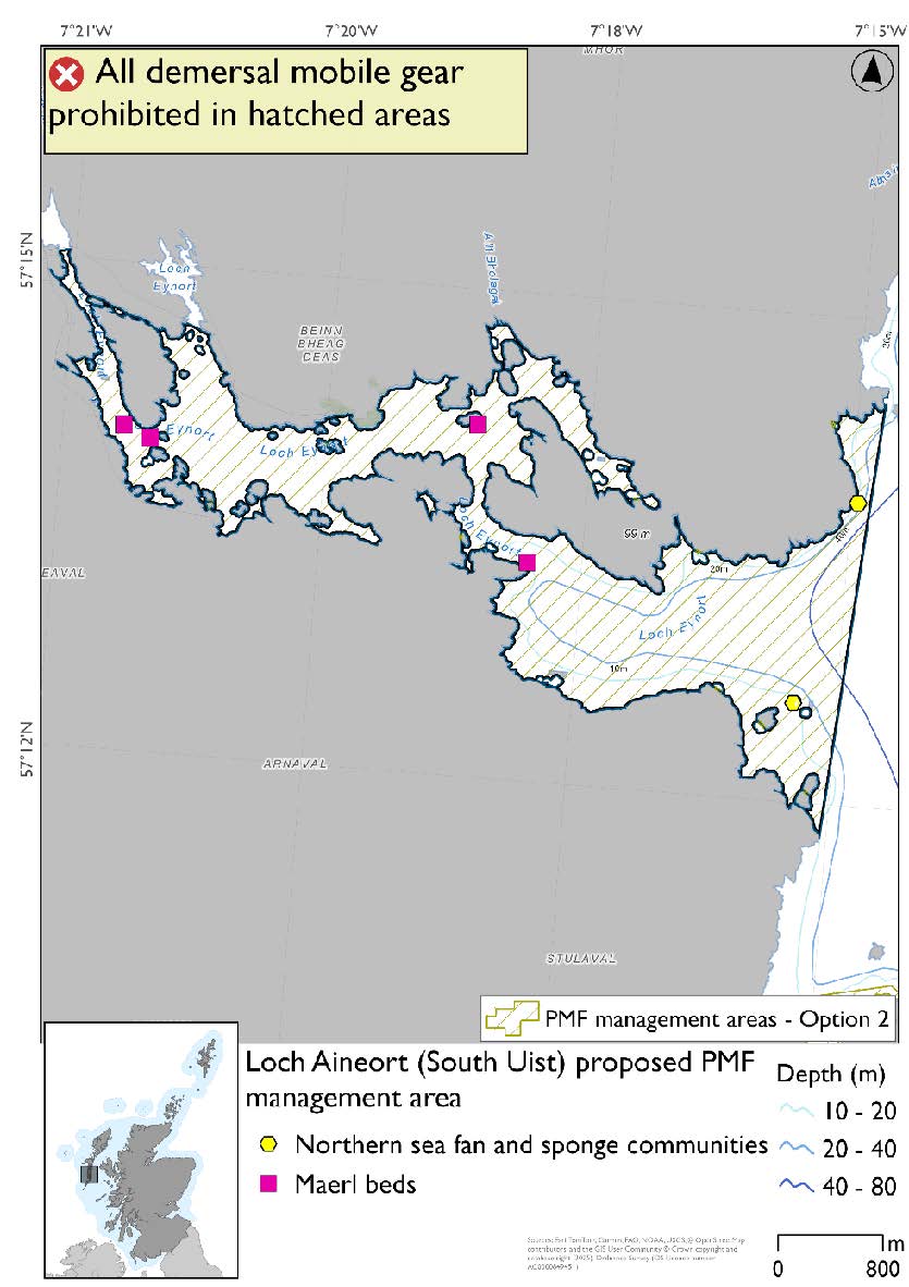 Map shows the area for measures extending from the head of Loch Aineort to just beyond the mouth of the loch, with the outer boundary just east of Cleit a‘ Ghlinn Mhòir. There are four maerl records dispersed throughout the inner part of the area. A northern sea fan and sponge community record exists in the south of the mouth of the Loch, with another just north of the mouth.