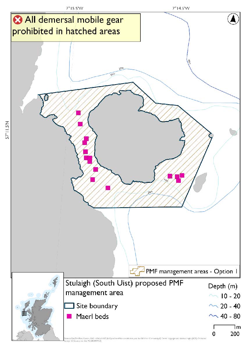 Map shows an area extending around the coast of Stulaigh and Glas-Eilean Mòr, and stretching to the South Uist coast. Numerous maerl bed records exist between Stulaigh and South Uist, with four more between Stulaigh and Glas-Eilean Mòr.