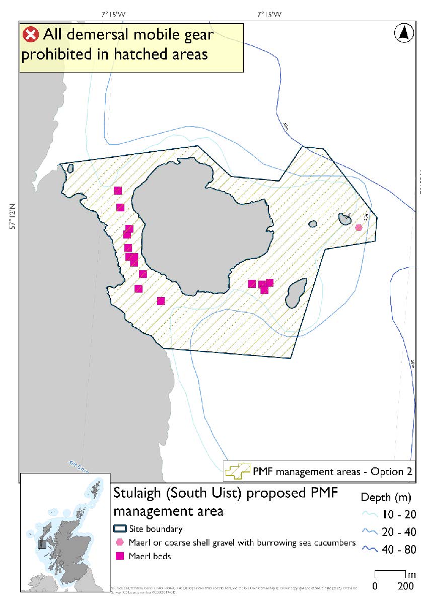 Map shows an area extending around the coast of Stulaigh as far east as Dubh-sgeir Mhòr and stretching to the South Uist coast. This option alsoe xtends further south than option 1. Numerous maerl bed records exist between Stulaigh and South Uist, with four more between Stulaigh and Glas-Eilean Mòr. Southeast of Dubh-sgeir Mhòr a maerl or coarse shell gravel with burrowing sea cucumbers record exists.