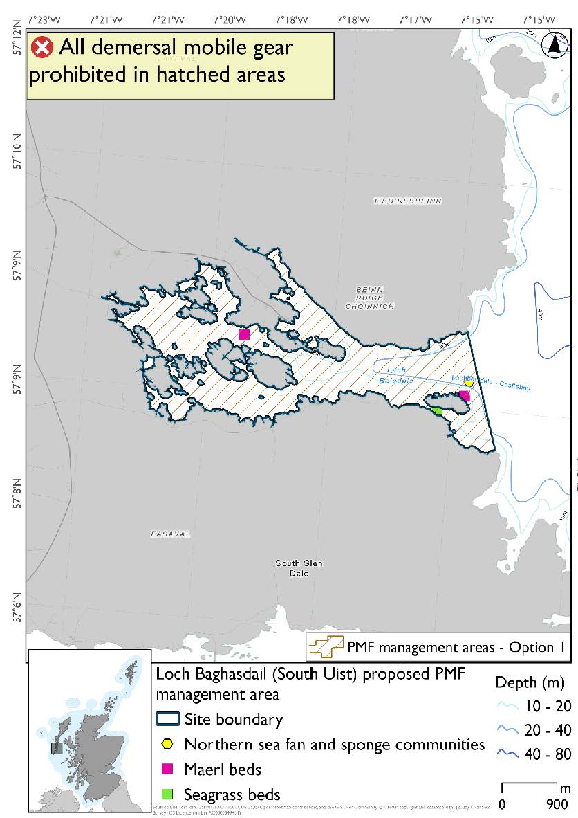 Map shows area for measures will extend from the head of Loch Baghasdail outwards just past Calbhaigh. A maerl bed record is evident inside the loch on the other side of the headland to the Lochboisdale ferry terminal. A seagrass bed is evident south of Calbhaigh, while northwest of Calbhaigh there is a second maerl record and a northern sea fan and sponge communities record.