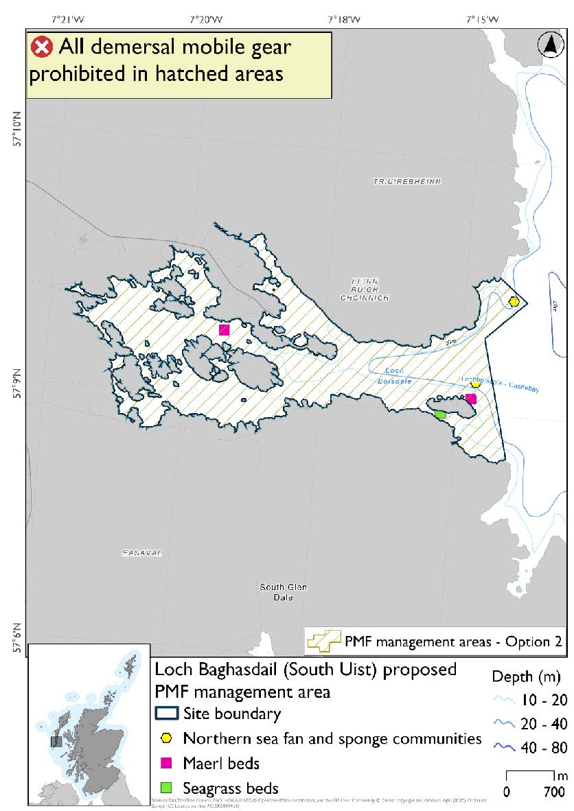 Map shows area for measures will extend from the head of Loch Baghasdail outwards just past Calbhaigh and a short way north of the mouth of the Loch. A maerl bed record is evident inside the loch on the other side of the headland to the Lochboisdale ferry terminal. A seagrass bed is evident south of Calbhaigh, while northwest of Calbhaigh there is a second maerl record and a northern sea fan and sponge communities record. A second northern sea fan and sponge communities record exists just north of the mouth of the loch, in the area not included in option 1.