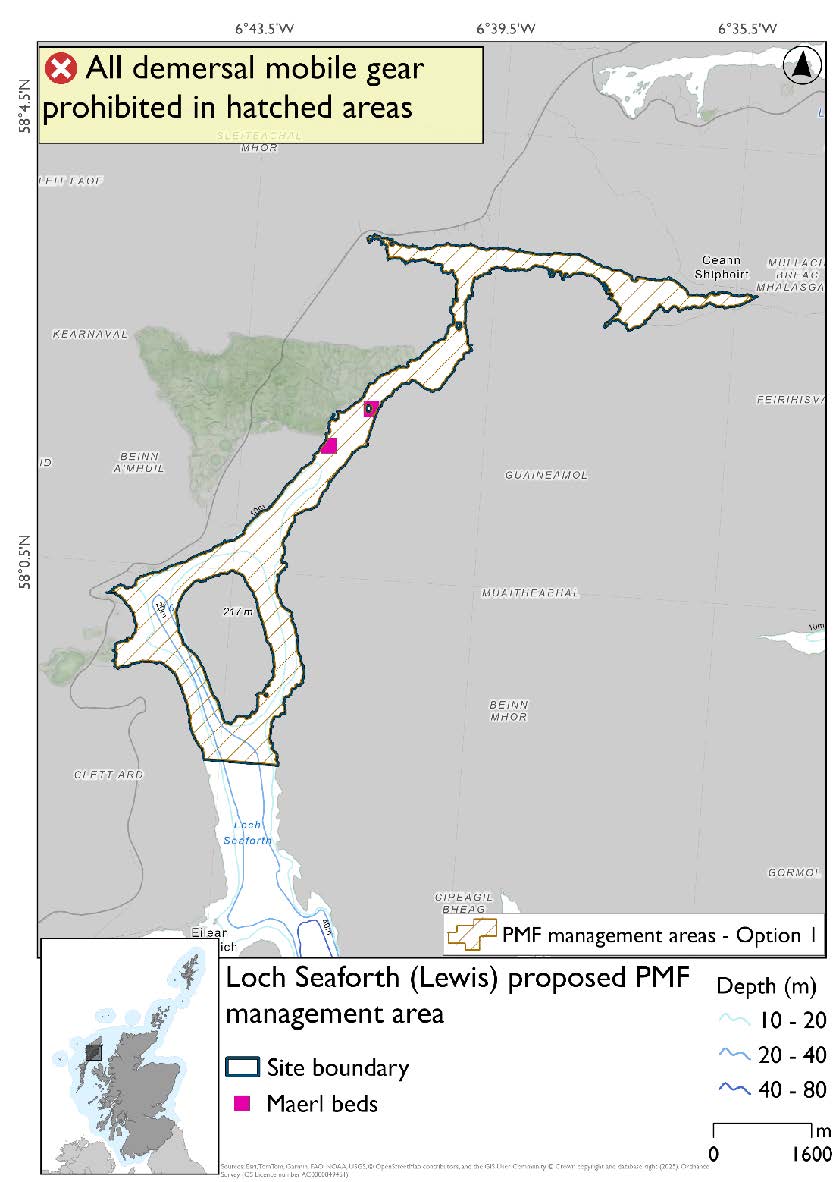 Map shows area for measures covers the inner area of Loch Seaforth down a short way past Seaforth Island. Two maerl bed records exist in the strait just north of Seaforth island near Grigaspool.