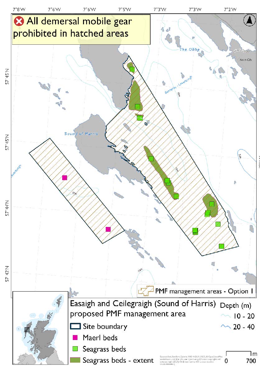 Map shows two distinct areas in which measures will apply. One is southwest of Ceilegraigh running parallel to the island as far south as Langa Sgeir. In this area there are two maerl bed records. The other covers the southeast coast of Easaigh, the east coast of Celegraigh, and stretches southeast to the waters just west of Langaigh. There are seagrass beds throughout this area, with large beds on the Easaigh coast and east of Celegraigh. Several point data for seagrass beds are found in the southeastern extent of this area.