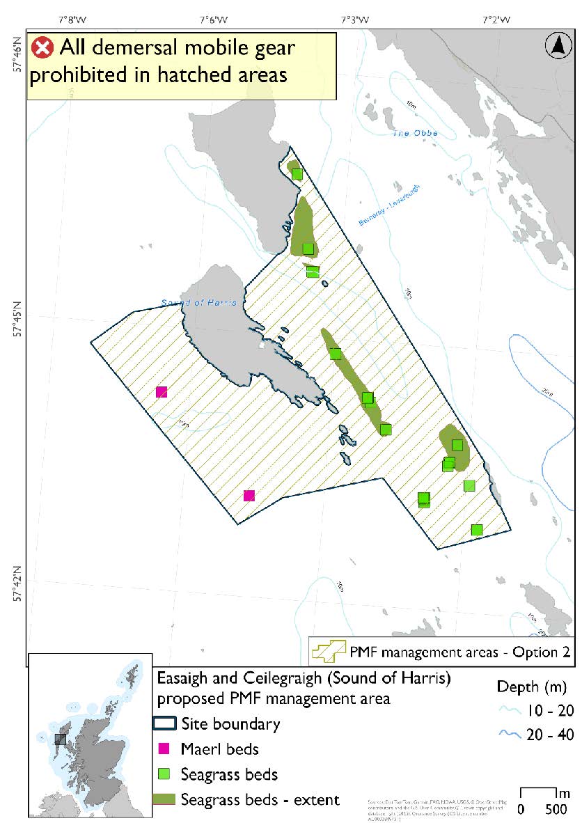 Map shows a single area in which measures will apply. The eastern boundary runs from the headland on the east coast of Easaigh down to Langaigh, this area extends furthest westward in the north, surrounding all but the northern coast of Celegraigh. This area joins up the two discrete areas in Option 1. There are two maerl bed records southwest of Celegraigh. There are seagrass beds throughout the area east of Celegraigh, with large beds on the Easaigh coast and southeast of Celegraigh. Several point data for seagrass beds are found in the southeastern extent of this area.