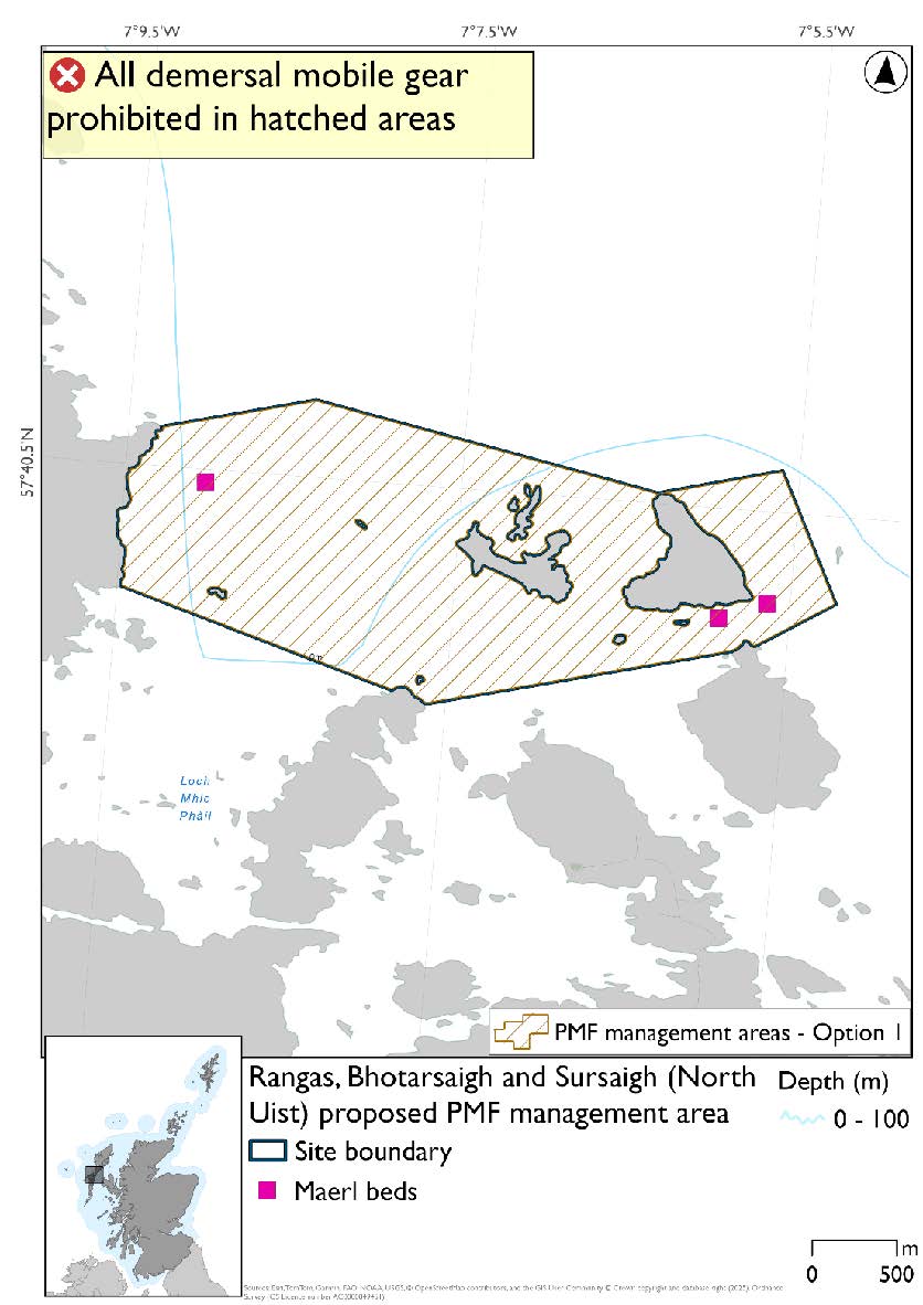Map shows the area for measures extending from just east of Sursaigh westwards to the North Uist coast, taking in Bhotarsaigh and the other islands between Sursaigh and the mainland. Maerl bed records exist both just off the North Uist coast and south of Sursaigh.
