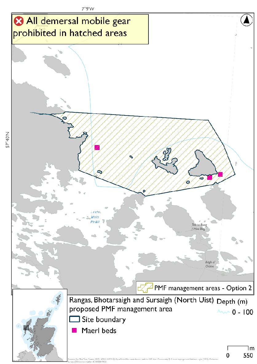 Map shows the area for measures extending from just east of Sursaigh westwards to the North Uist coast, taking in Bhotarsaigh and the other islands between Sursaigh and the mainland. This option extends further north than option 1. Maerl bed records exist both just off the North Uist coast and south of Sursaigh.