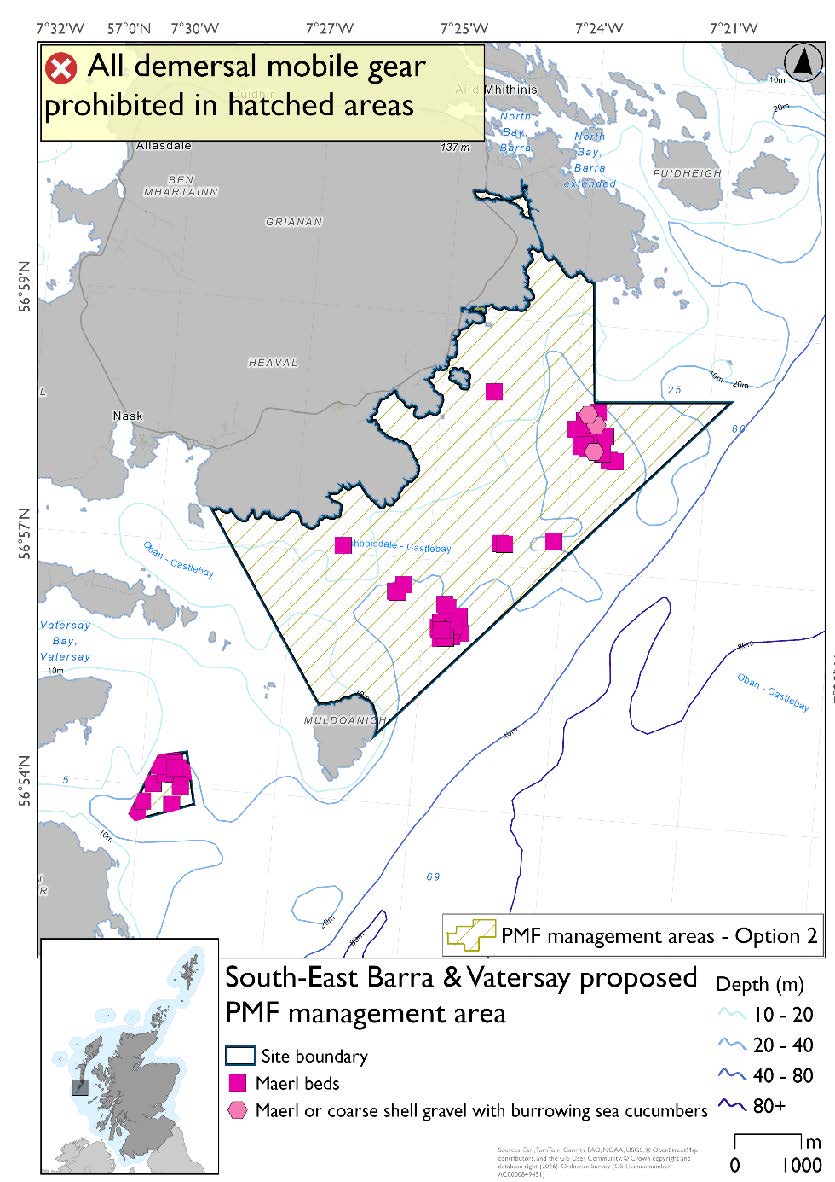 Map shows two discrete areas for measures; a small area southeast of Vatersay and just west of Muldonaich, and a larger area running along the southeast coast of Barra starting east of Castlebay and running down to Muldonaich and up to Bruernish. This option also extends further northeast than option 1. A concentration of maerl bed records is evident in the area near Vatersay, with two more concentrations in the southern tip of the larger area and in the eastern extent of the larger area, where three maerl or coarse shell gravel with burrowing sea cucumber records are also evident. Within the larger area there are other maerl bed records scattered southwest of Aird Rubha Mor.