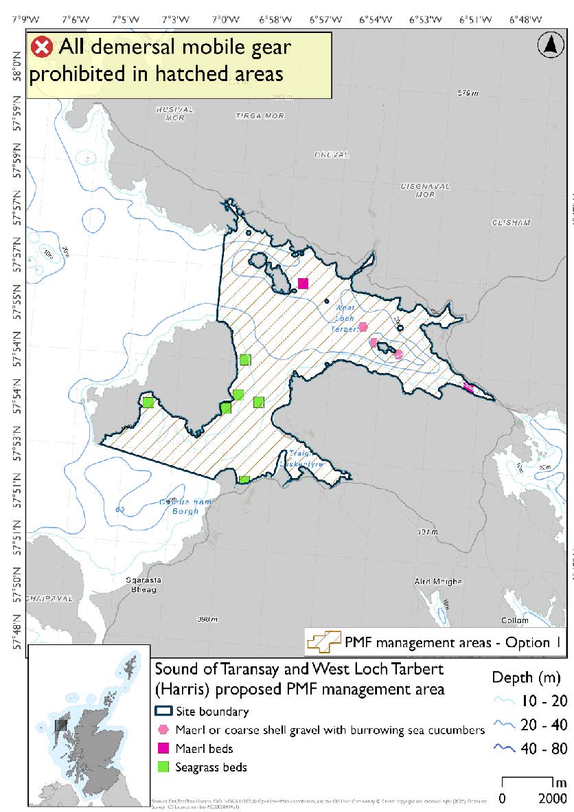 Map shows the area for measures covering the waters east of Uidh, its western extend runs from Amhuinnsuidhe down to Uidh and across from the southern point of Uidh to Horgabost. Seagrass beds are found along the coast of Uidh and just north of Horgabost, with maerl bed records in the narrow strait leading to Tarbert and by Soay Mòr. Maerl or coarse shell gravel beds with burrowing sea cucumbers are also evident in the north of the area.