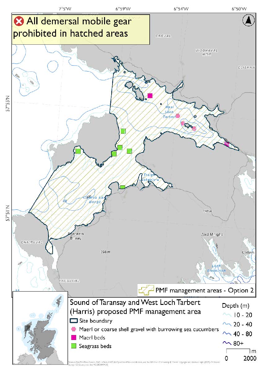 Map shows the area for measures covering the waters east and south of Uidh, its western extend runs from Amhuinnsuidhe down to Uidh and across from the southern point of Uidh to Geo na Gainmhich. Seagrass beds are found along the coast of Uidh and just north of Horgabost, with maerl bed records in the narrow strait leading to Tarbert and by Soay Mòr. Maerl or coarse shell gravel beds with burrowing sea cucumbers are also evident in the north of the area.