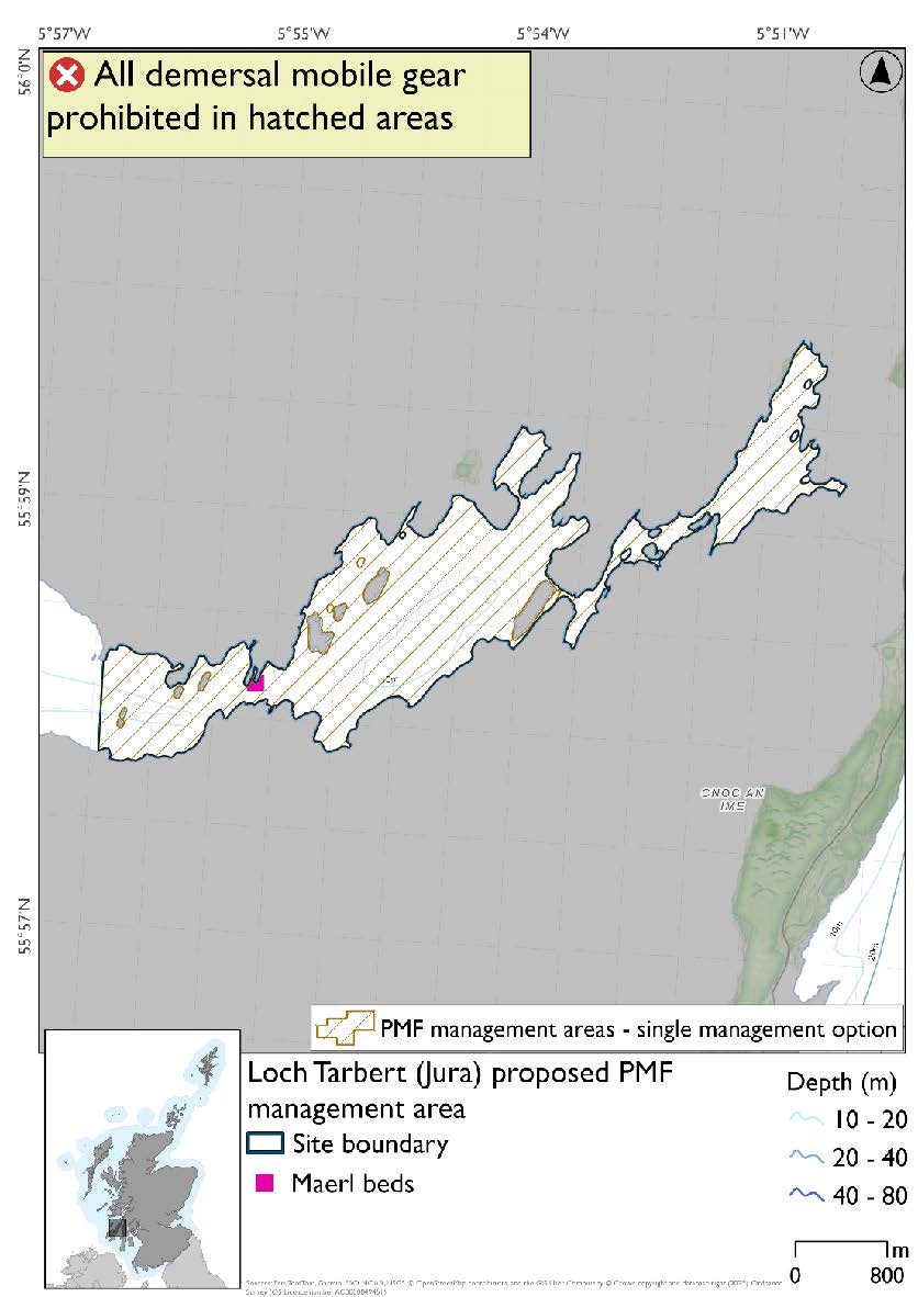 Map showing restrictions will apply to the inner section of Loch Tarbert. A confirmed maerl bed record is evident in the narrowest section of the loch