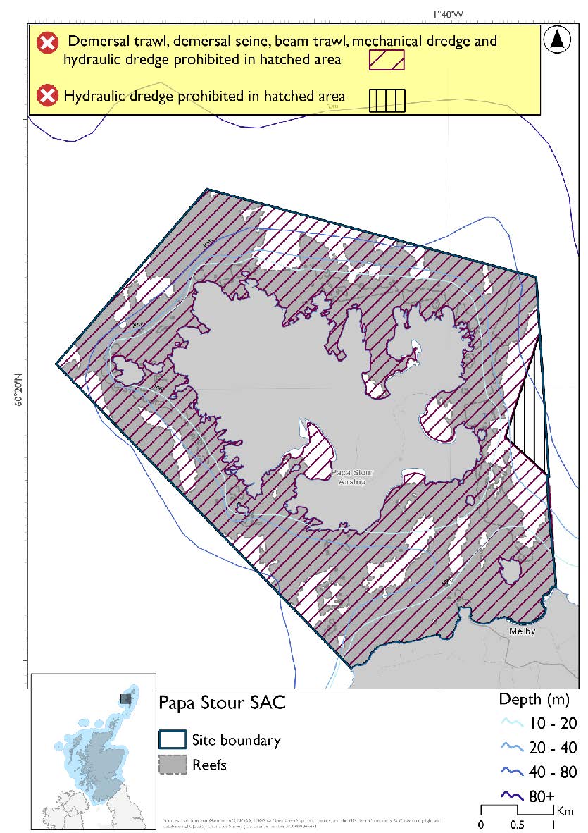 Option 1 Map of Papa Stour SAC, covering the reefs surrounding Papa Stour, and extending out to a maximum depth of 80m in the northwest. Throughout all but a small patch in the east of the area demersal trawl and seine, beam trawl and mechanical dredge are prohibited. There is a full site closure to hydraulic dredge.