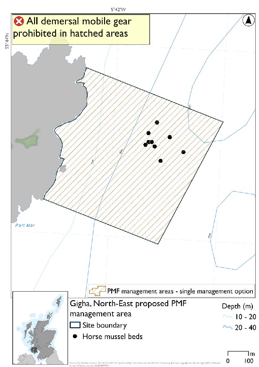 Map showing a rectangular area extending from the northeast of Gigha where measures will be implemented. Horse Mussel bed records are evident in the northeastern part of the area