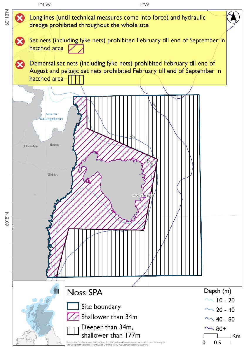 Map shows Noss SPA, a rectangular area extending from the Bressay coast southwards from the Voe of Callingsburgh to encompass the isle of Noss and the waters around it. The waters immediately surrounding Noss and along the Bressay coast are shallower than 34 metres. In this shallower area set nets (including fyke nets) are prohibited from February to the end of September. In the remainder of the site, which is deeper than 34m but shallower than 177m demersal set nets (including fyke nets) are prohibited February to end of August and pelagic set nets prohibited February to end of September. Longlines (until technical measures come into force) and hydraulic dredges are prohibited throughout the site.