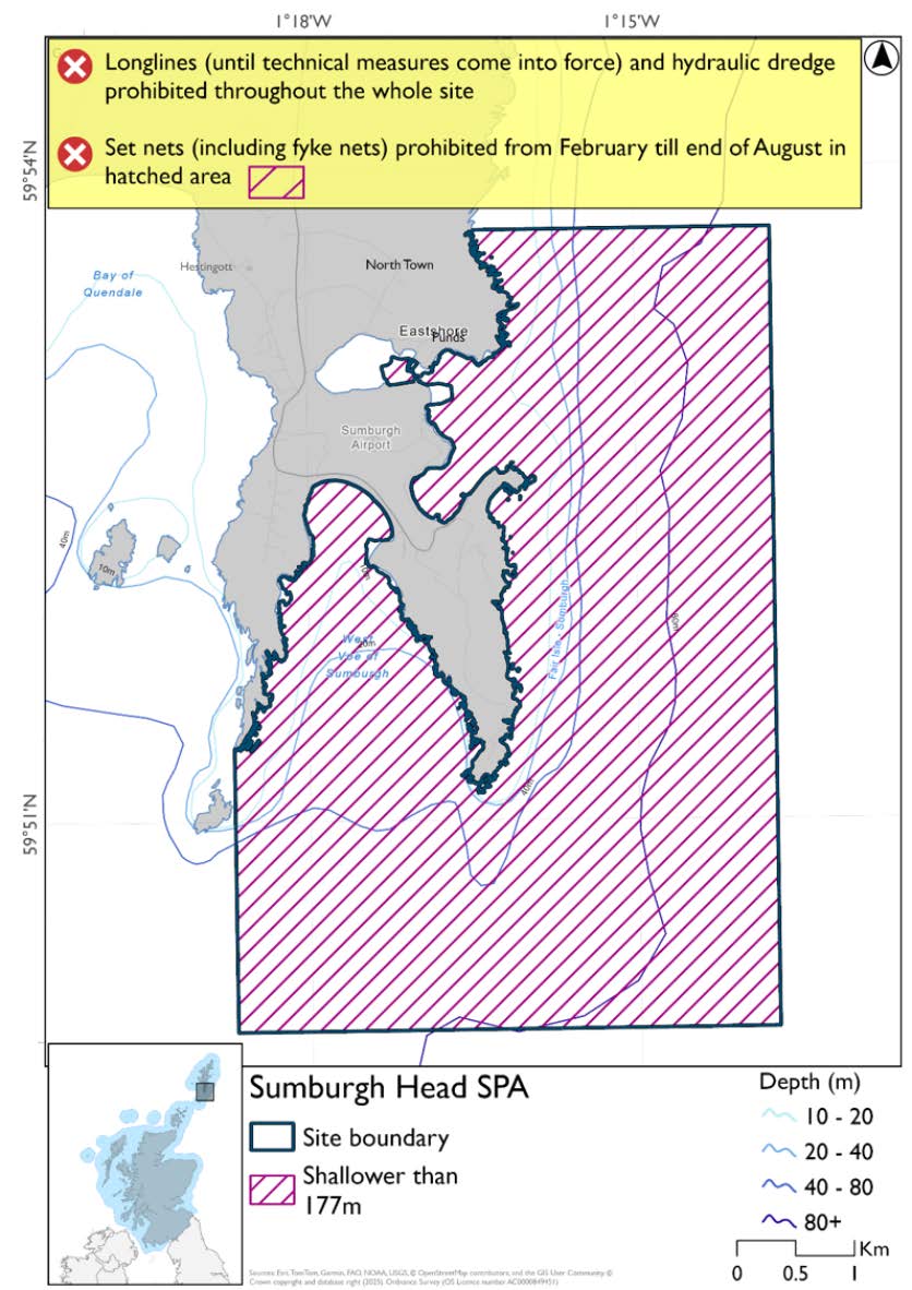 Map shows Sumburgh head SPA, covering the waters extending south from the western edge of the West Voe of Sumburgh around Sumburgh head and a short way north of Eastshore and Punds.It does not include the Pool of Virkie. The entire area is shallower than 177m. Throughout the site set nets (including fyke nets) are prohibited February to end August. Longlines (until technical measures come into force) and hydraulic dredges are prohibited year-round.