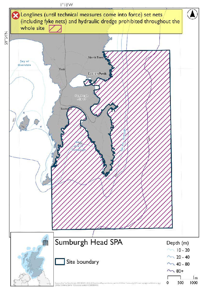 Map shows Sumburgh head SPA, covering the waters extending south from the western edge of the West Voe of Sumburgh around Sumburgh head and a short way north of Eastshore and Punds.It does not include the Pool of Virkie. Set nets (including fyke nets), longlines (until technical measures come into force) and hydraulic dredges are prohibited throughout the site.