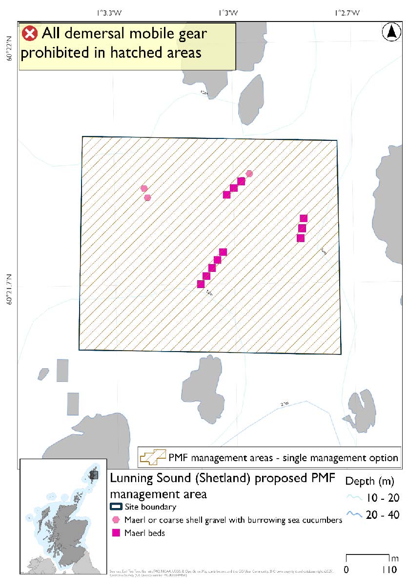 Map shows the area for measures covering an area of relatively open water between West Linga and Mainland, and Little Linga and Ketill Holm. Maerl and maelr or corse shell gravel with burrowing sea cucumber records are present throughout the area