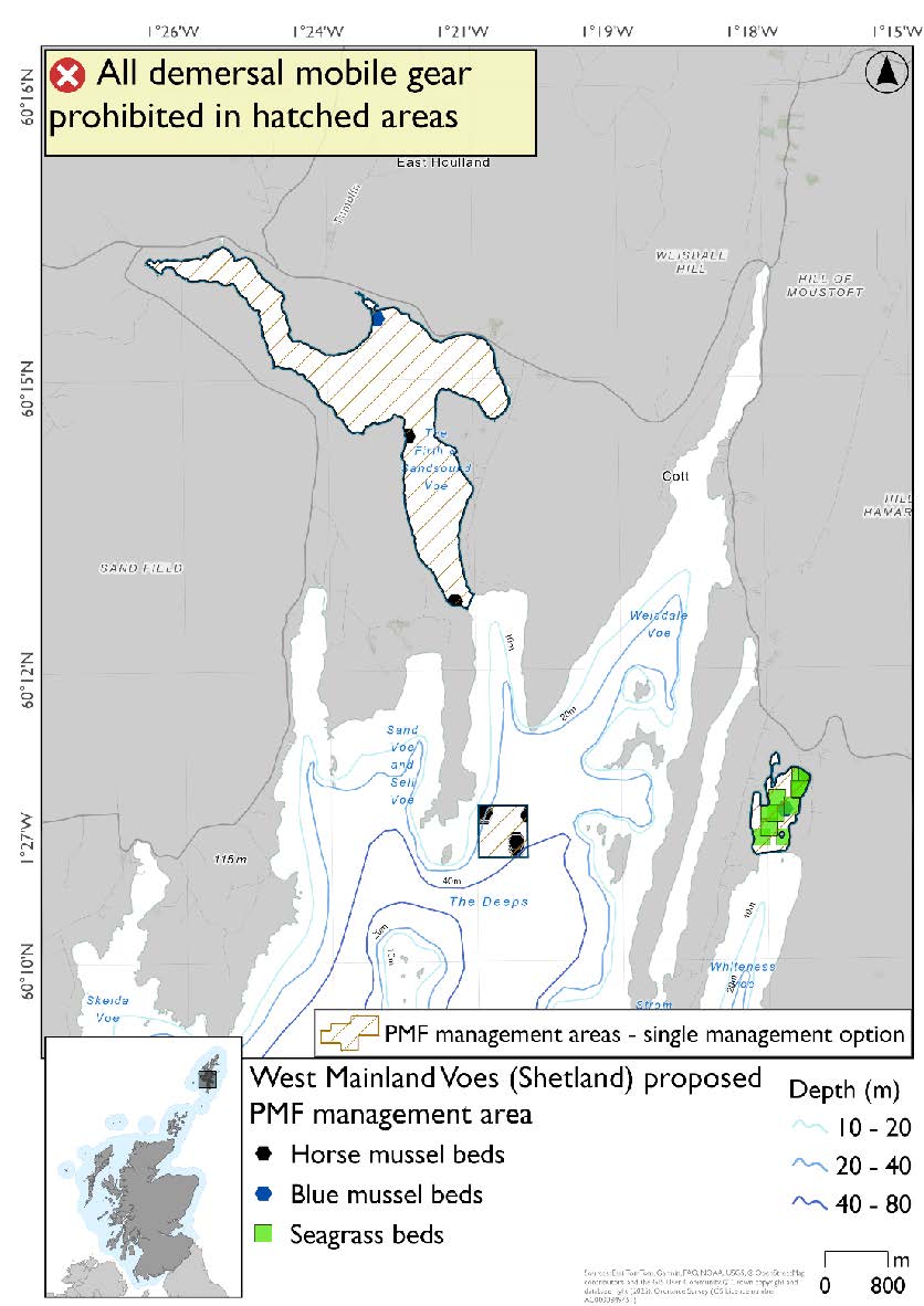 Map shows three discrete areas for measures: The interior of Sandsound Voe with its outer boundary east of Sand, a small square patch just east of Fore Holm, and the innermost portion of Whiteness Voe with its outer boundary just south of Otter Holm. There is a bue mussel bed record in the north of the Sandsound Voe area east of Bixter, and two horse mussel records within the narrow portion leading out of the Voe. A concentration of seagrass beds exists within the Whiteness Voe area. A group of horse mussel records is present in the small square patch just east of Fore Holm.