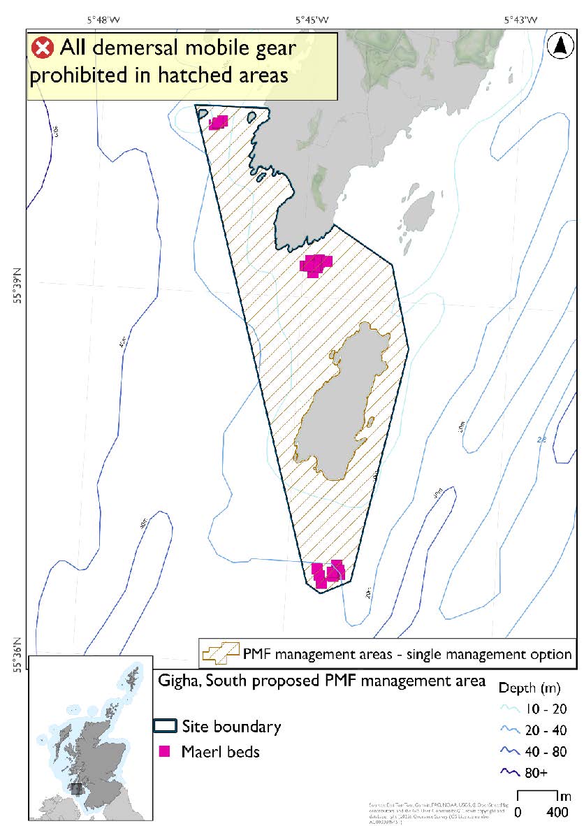 Map showing protected area to extend from the southeast of Gigha to fully encompass Cara. Maerl bed records are evident south of Cara, just south of the Gigha coast, and in the northeast of the protected area