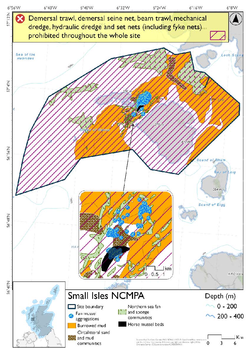 Option 2 map shows the Small Isles Nature Conservation Marine Protected Area (NCMPA) covering the waters surrounding Canna and Sanday, and Rum. Large areas of burrowed mud surround the northern, eastern and western coasts of Rum, stretching towards the edge of the MPA to the east and north. To the west they stretch past Canna and Sanday. Between Rum and Sanday there is a mixture of burrowed mud, circalittoral sand and mud communities and a horse mussel bed. A concentration of Fan mussel point records exists in this area, primarily north of the horse mussel beds but also across it with two further records to the south. North of rum there is another circalittoral sand and mud communities area. Northwest and southwest of Canna and Sanday there are two northern sea fan and sponge communities, with two larger such communities north of Rum. There is a full site prohibition of all demersal mobile gear and set nets (including fyke nets).