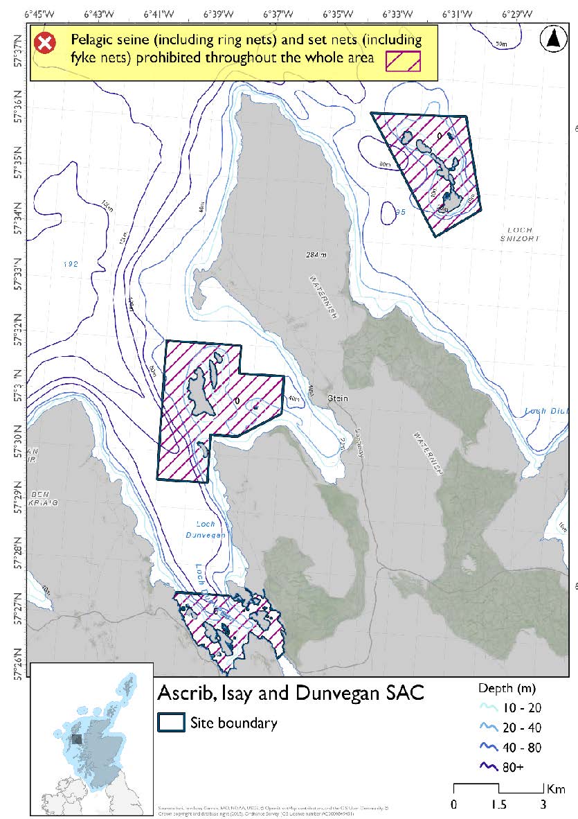 Single option map of Ascrib, Islay and Dunvegan Special Area of Conservation (SAC) in Scotland, three discrete areas covering the shallower waters around Ascrib, Isay, and Dunvegan. Proposed measures cover the full site where set nets (including fyke nets) and pelagic seine (including ring nets) would be prohibited.