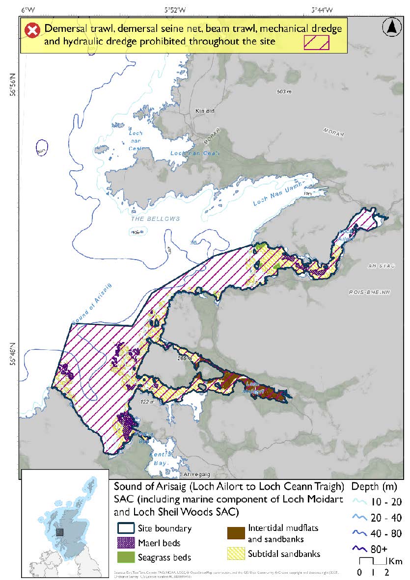Option 2 map of Sound of Arisaig SAC (includes marine part of Loch Moidart and Loch Shiel Woods SAC). There are subtidal sandbanks around the inlets and sea lochs, and outer areas which get deeper than 40m. Loch Moidart is largely composed of intertidal mudflats and subtidal sandbanks. The sandbanks have maerl beds and segrass beds present in the northern part of the site, with maerl beds present also in the southern section. The whole site is covered by measures prohibiting demersal trawl and seine, beam trawl, mechanical dredge and hydraulic dredge.