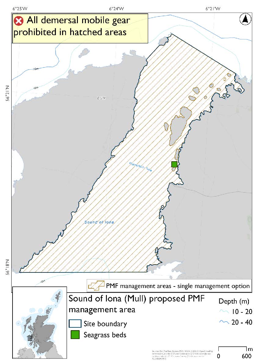 Map shows the area for measures extending between Iona and Mull, and slightly beyond the north of Iona. There is a confirmed seagrass bed record just north of Fionnphort