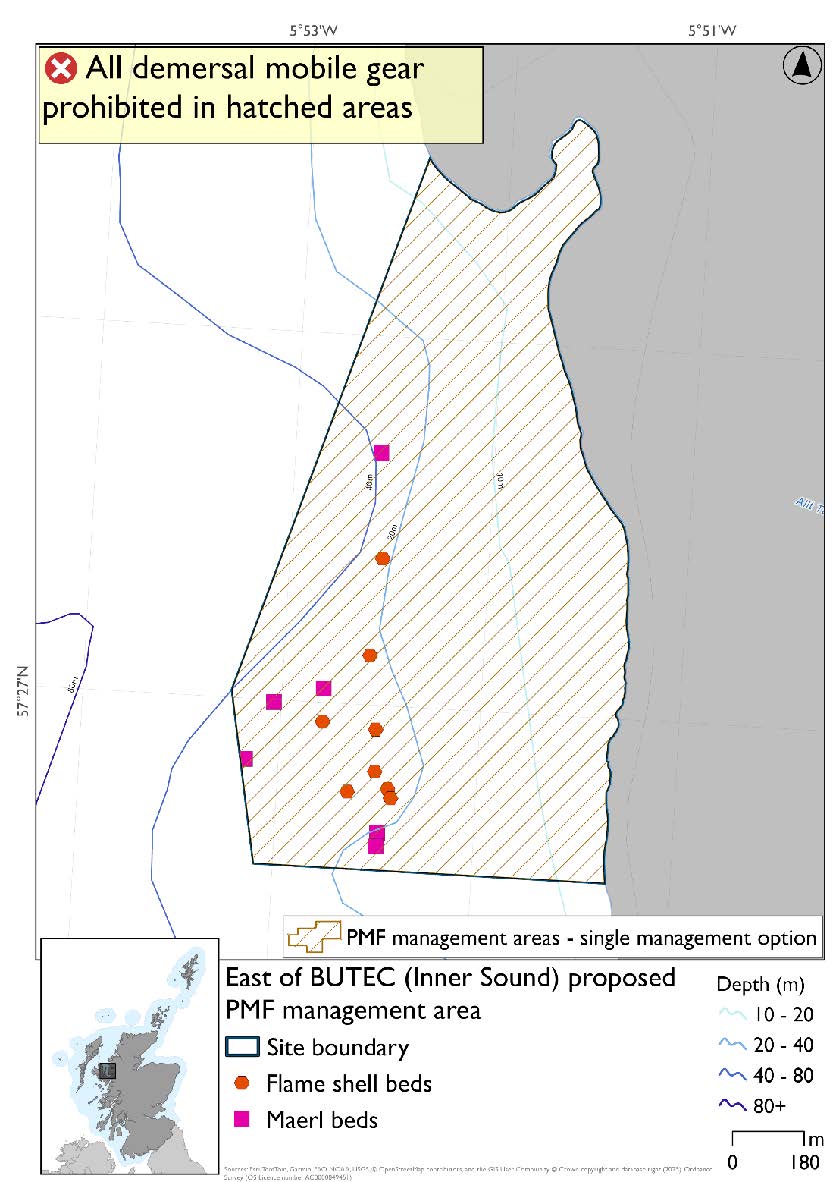 Map shows the area to be protected extending from the coast of the Applecross peninsula at BUTEC to East of the BUTEC range in the Inner Sound. There are 4 maerl records further away from the coast around the 40m depth contour and 2 flame shell records at the southern end of the proposed area near along the 20m depth contour.