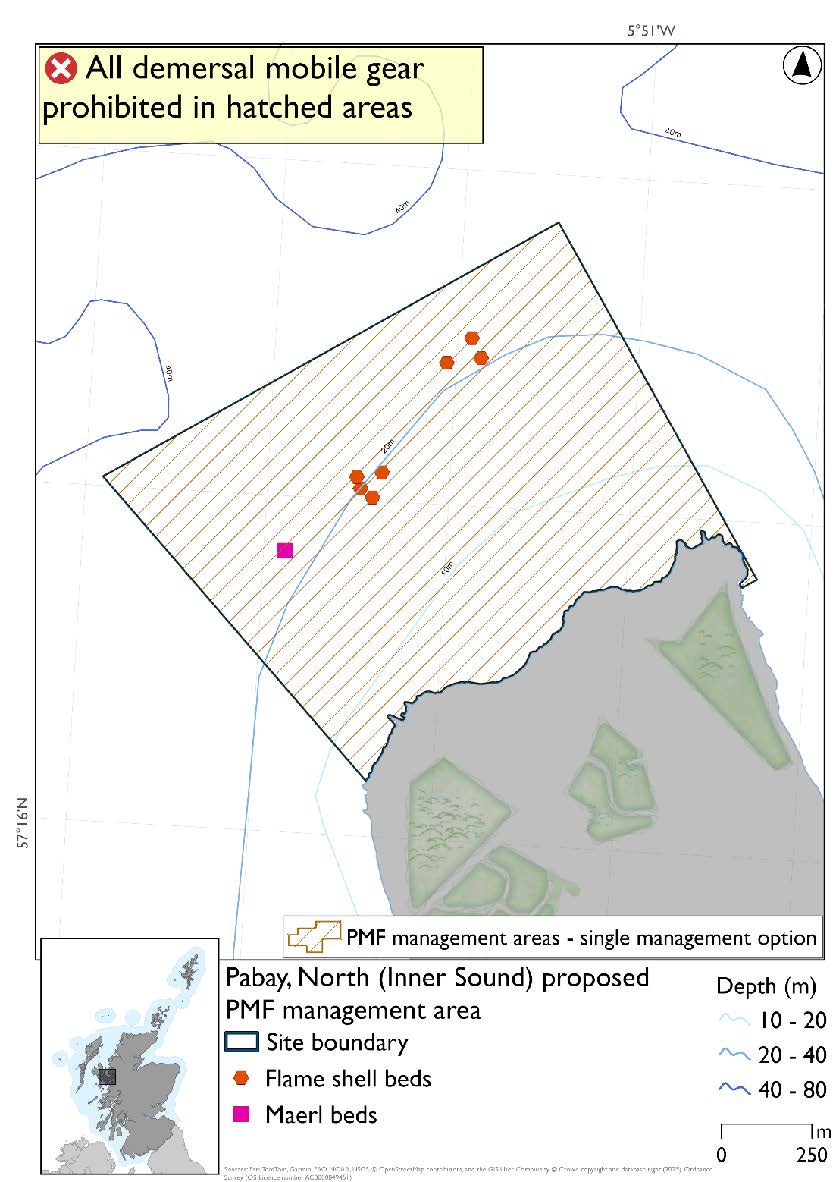 Map shows the area to be protected extending from the North coast of Pabay in the Inner Sound. There is 1 maerl records further away from the coast around the 40m depth contour on the western side of the proposed area and 6 flame shell records in the middle of the area and towards the north east also following the 40m depth contour.