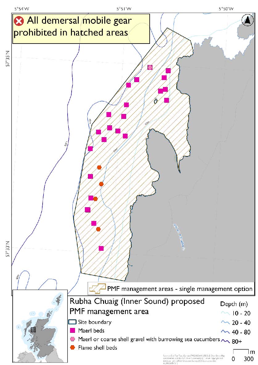 Map shows the area to be protected extending from the West coast of the Applecross peninsula by Cuaig extending about 40m from the coast. There are a large number of maerl records spread thorughout the area from north to south with 4 flame shell records in the southern half and a maerl or coarse shell gravel with burrowing sea cucumber record in the northern section.