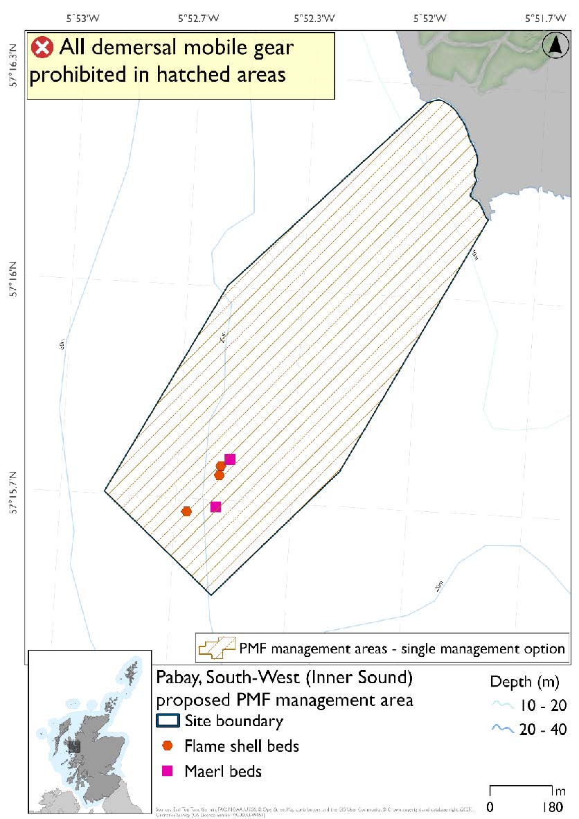 Map shows the area to be protected extending from the South West coast of Pabay in the Inner Sound. There are 3 flame shell records and 2 maerl records at the Southern section of the proposed area about 40m from the coast.