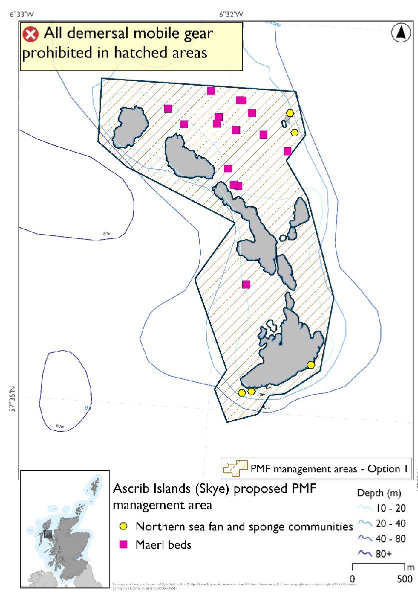 Map shows the area to be protected surrounding the Ascrib Islands west of Uig. Maerl bed records are found in the west and north of the area, with northern sea fan and sponge communities records in the southwest of the area and in a small protruding portion of the area in the northeast.
