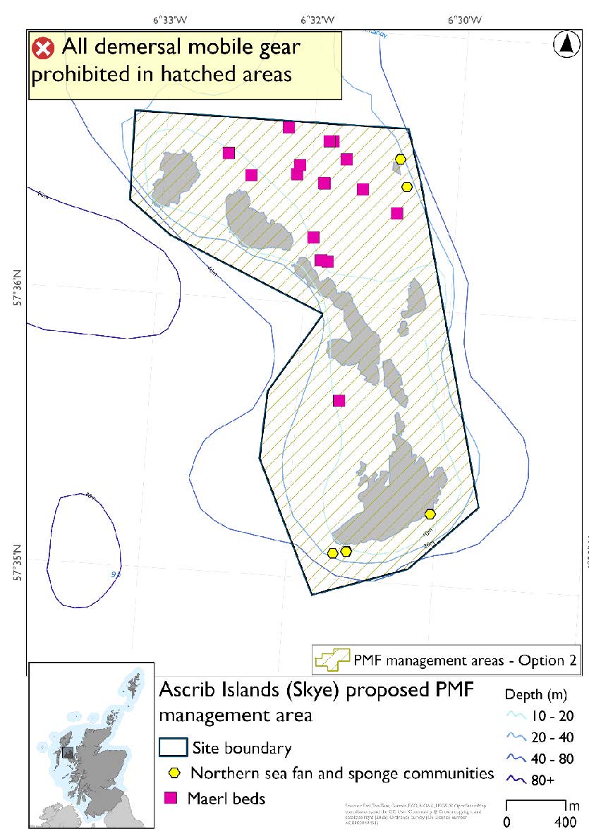 Map shows the area to be protected surrounding the Ascrib Islands west of Uig. The outer extent of this area is slightly further in the northeast and southwest than option 1, Maerl bed records are found in the west and north of the area, with northern sea fan and sponge communities records in the southwest and northeast of the area.