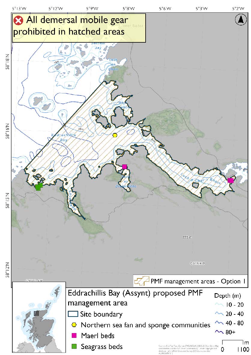 Map shows the area for measures spanning from the Kylesku bridge in Eddrachillis bay as far as the Loch a' Mhuillinn nature reserve in the north and Culkein Drumbeg in the south. A seagrass bed is evident near Drumbeg, while maerl beds are evident by the Kylesku bridge and in the inlet leading to An Dun in the south.