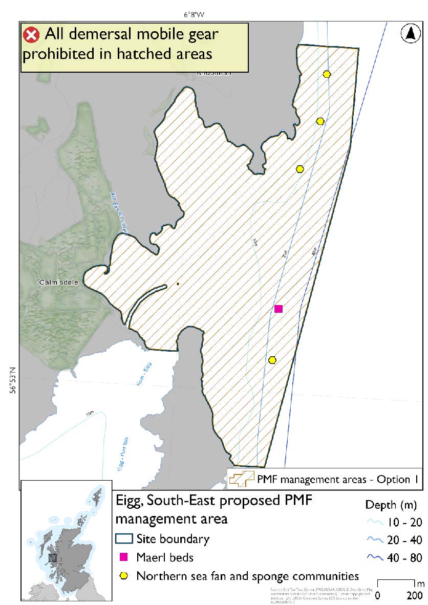 Map shows the area for measures covering the coastal waters southeast of Eigg, from Eilean Chathastail in the south to Eilean Dubh an Fhaing in the north. Northern sea fan and sponge communities are evident across the east of this area, while a marl bed record sits northeast of Eilean Chathastail.
