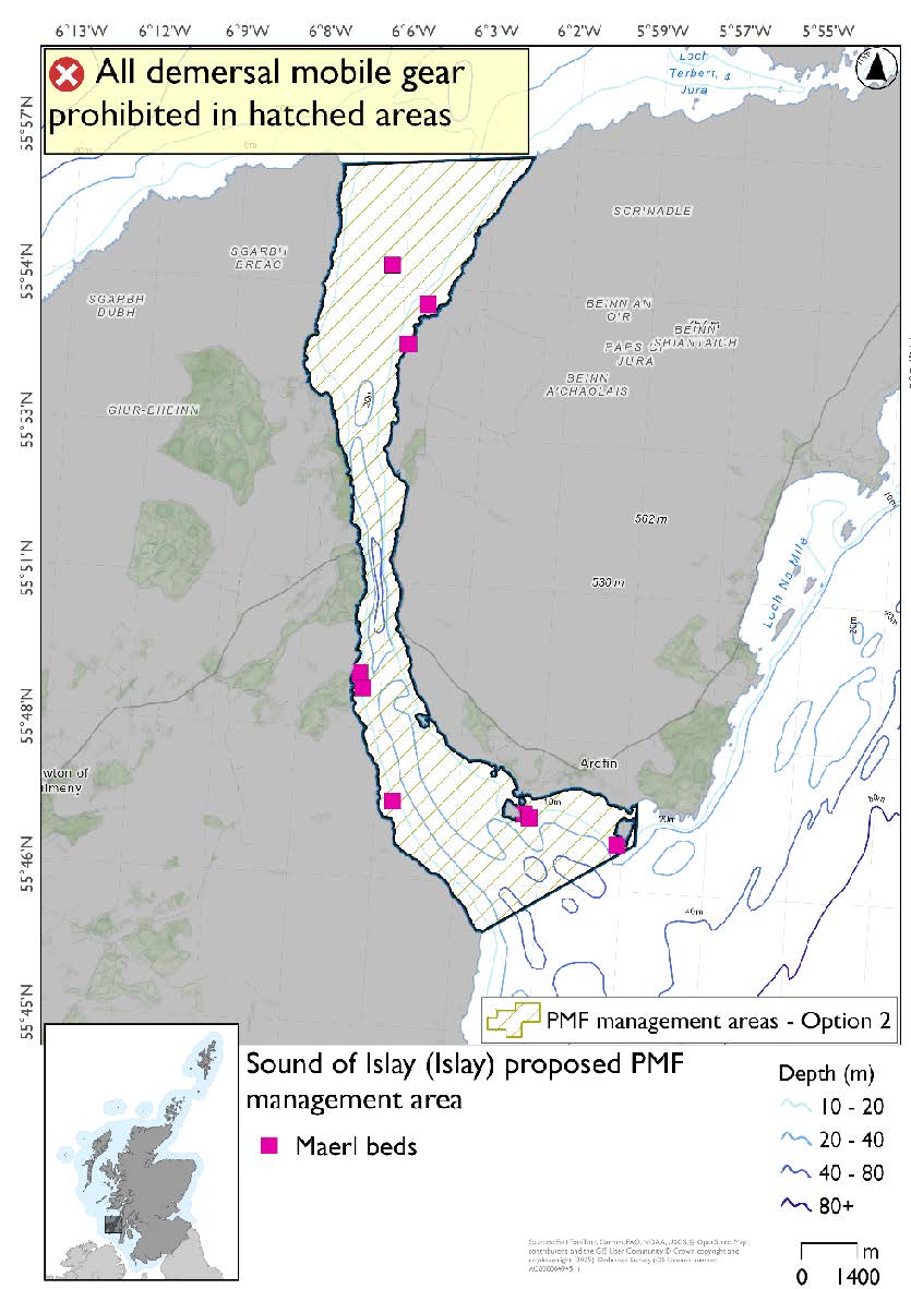 Map showing area to be closed covering the sound between Islay and Jura, extending south and east past the mouth of the sound. Maerl bed records are evident in south of the sound and by the islets south of Jura, and in the north of the sound.