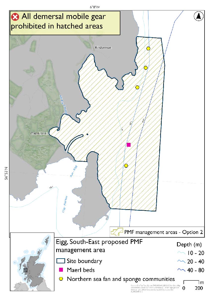 Map shows the area for measures covering the coastal waters southeast of Eigg, from Eilean Chathastail in the south to Eilean Dubh an Fhaing in the north. This option extends further eastwards into open water than option 1. Northern sea fan and sponge communities are evident across the east of this area, while a marl bed record sits northeast of Eilean Chathastail.