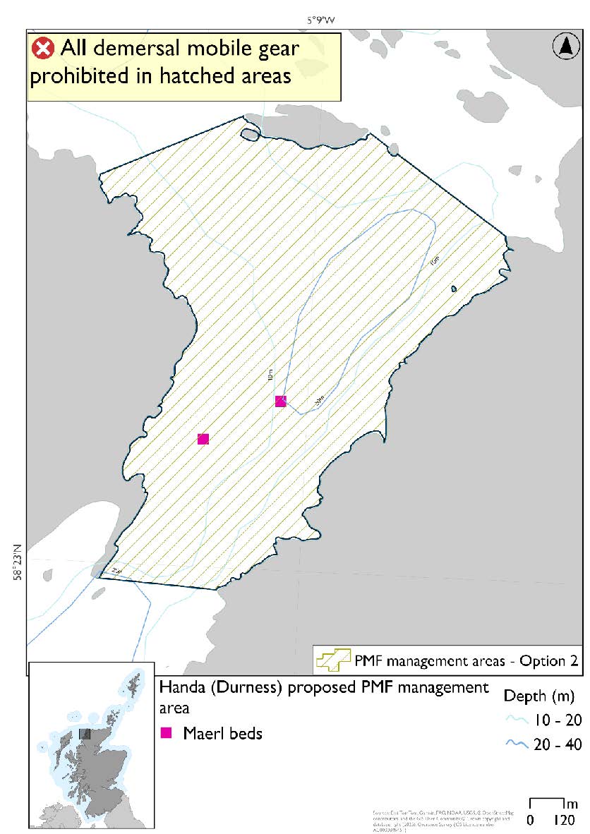Map shows the area for measures covering the strait between Handa and the mainland, and as far north as Eilean an Aigaich. Two maerl bed records exist in the strait.