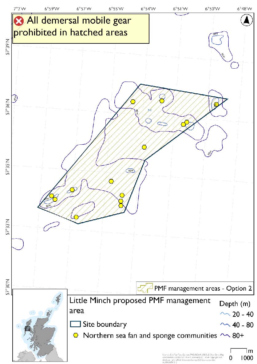 Map shows the area for measures covering a larger area connecting the two split areas outlined in the reduced area map. This is located in the Inner Hebrides between the Outer Hebrides and north East of Skye. There are a total of fourteen northern sea fan and sponge communities records spread throughout the area.