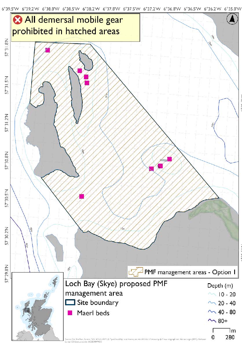 Map shows area for measures extending from the headland west of Loch Bay northwest to take in the islands of Isay, Mingay, and Clett. Four maerl beds are located between the headland and the islands, three maerl records in-between two islands at the north of the area with another north of Isay.