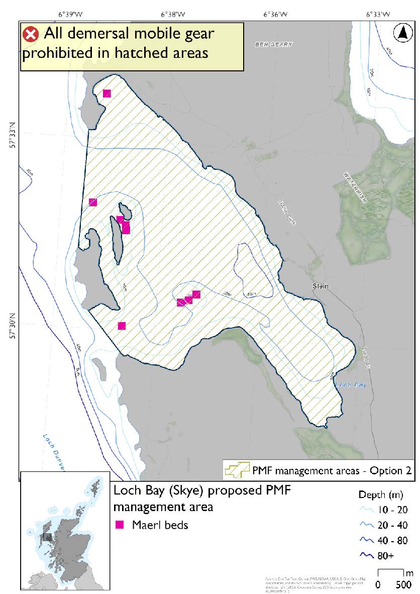 Map shows area for measures covering the waters of Loch Bay and its surrounds, with an outer boundary extending from the headland west of Loch Bay north to Isay and on to Ardmore Bay in the north.
