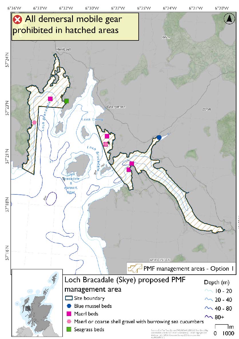 Map shows the area for measures covering three separate areas in Loch Bracadale. One on the west side of the loch including Loch Vatten and Loch Bharcasaig then running narrowly down the west coast of the loch. This area includes a maerl or coarse shell gravel record in the narrow strip down the coast and a maerl and seagrass record at the end of Loch Vatten. The other areas are on the east side of the loch made up of Loch Halport and the bay at Ebost. There are two maerl records and a maerl or coarse shell gravel record in the bay, two maerl records at the mouth of Loch Halport and a blue mussel record just off Bracadale.